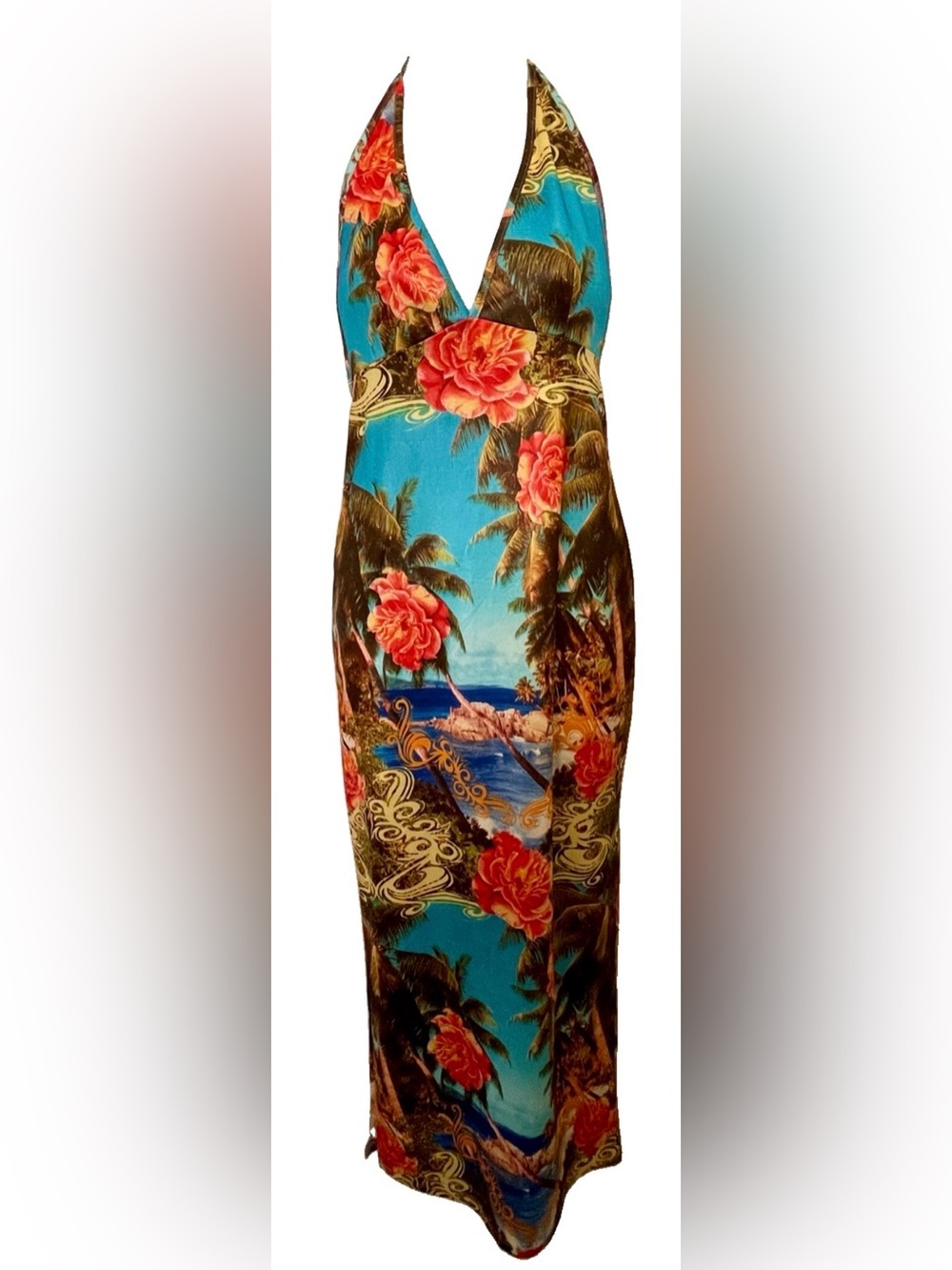 TROPICAL ISLAND Scenic Print Halter MAXI Resort Cruise DRESS Size Small